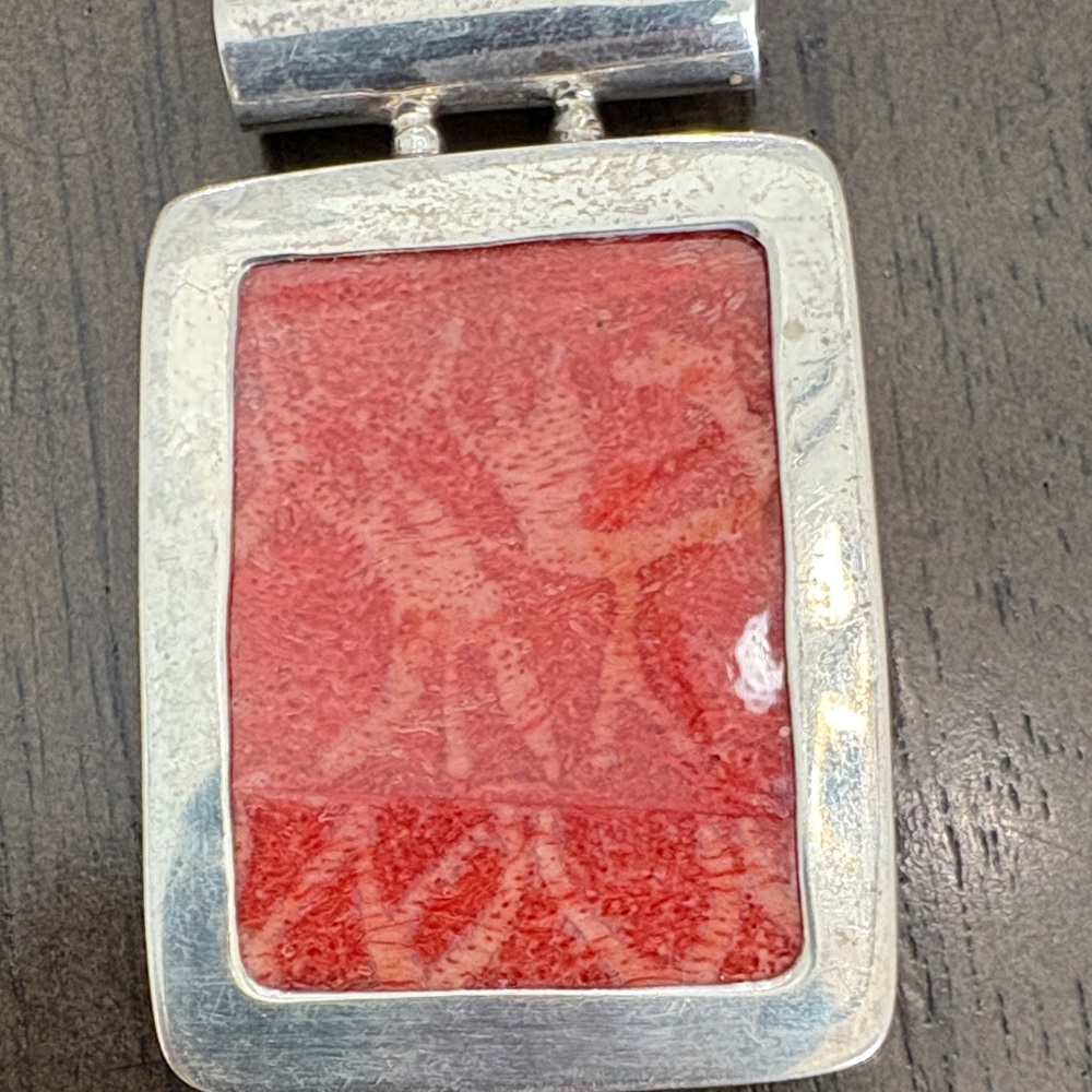 Sterling Silver Red Coral Rectangular Pendant - image 3